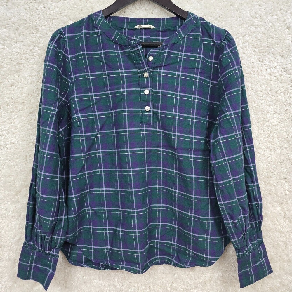 Roller Rabbit Womens Inverness Plaid‎ Henley Top Blue Purple Size L Casual Boho